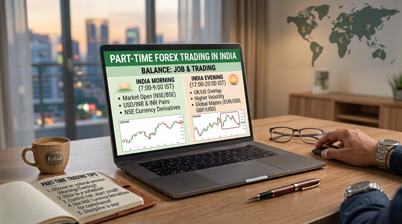 Clock and chart illustration representing part-time forex trading