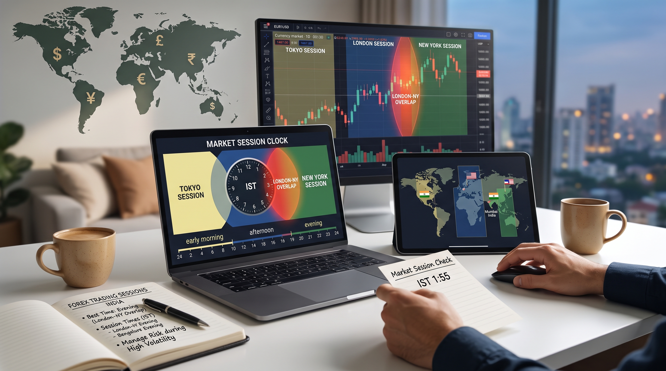 Clock and world map illustration representing forex trading sessions in Indian time