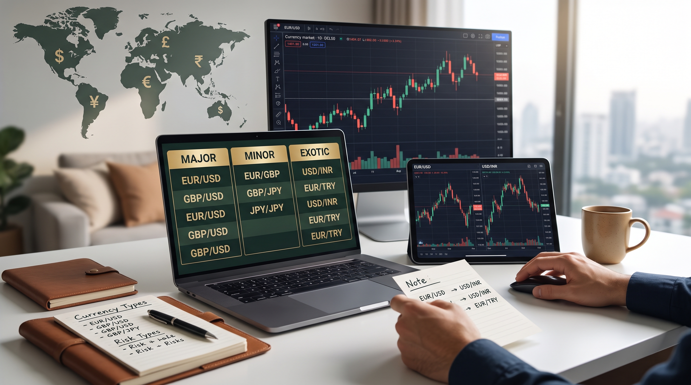 Candlestick chart illustration representing different currency pair categories